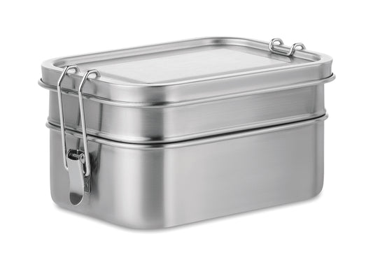 Lunchbox aus Edelstahl mit 2 Ebenen und starken Halteklammern. Füllmenge: 1200 ml.