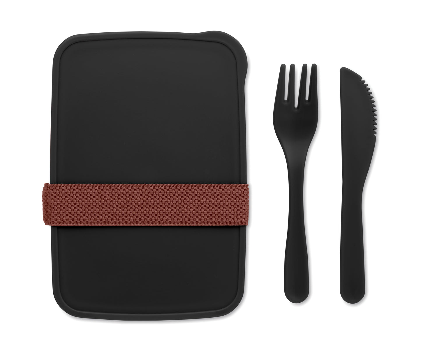 Lunchbox aus PP mit einem Fach. Inkl. Messer und Gabel im Elastikbandhalter.