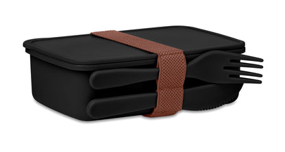 Lunchbox aus PP mit einem Fach. Inkl. Messer und Gabel im Elastikbandhalter.