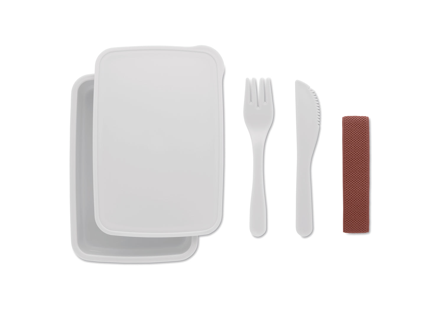 Lunchbox aus PP mit einem Fach. Inkl. Messer und Gabel im Elastikbandhalter.