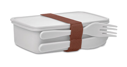 Lunchbox aus PP mit einem Fach. Inkl. Messer und Gabel im Elastikbandhalter.
