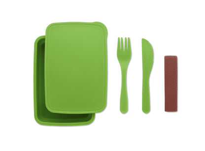 Lunchbox aus PP mit einem Fach. Inkl. Messer und Gabel im Elastikbandhalter.