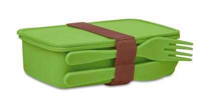 Lunchbox aus PP mit einem Fach. Inkl. Messer und Gabel im Elastikbandhalter.