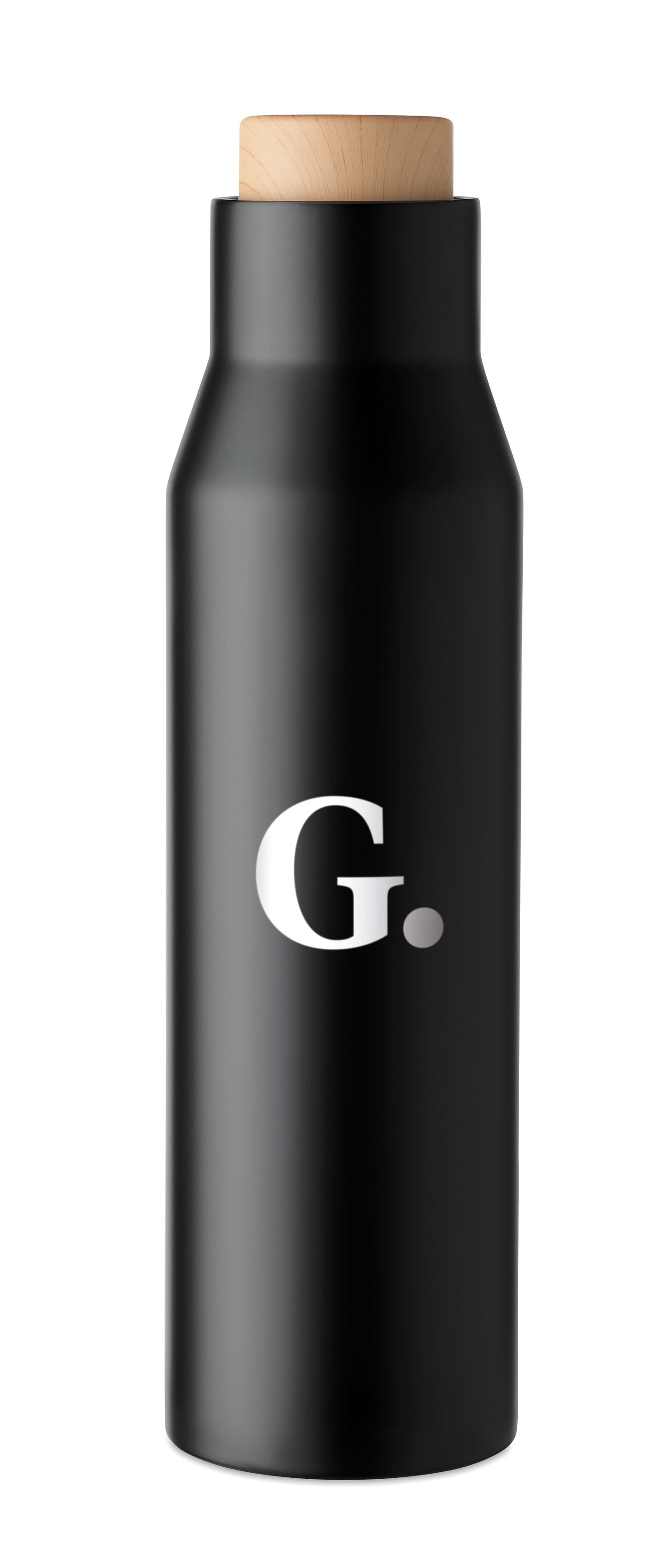 Doppelwandige Isolierflasche aus Edelstahl. Verschluss aus Bambus- Imitat. Füllmenge: 500 ml. Auslaufsicher.