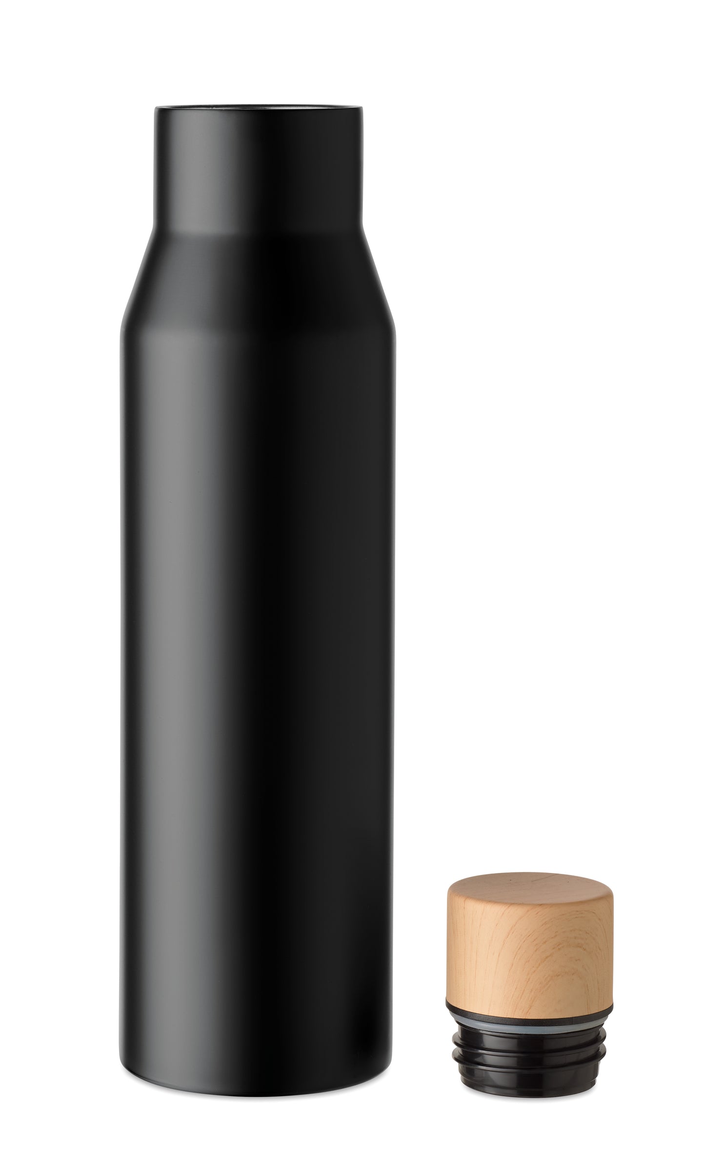 Doppelwandige Isolierflasche aus Edelstahl. Verschluss aus Bambus- Imitat. Füllmenge: 500 ml. Auslaufsicher.