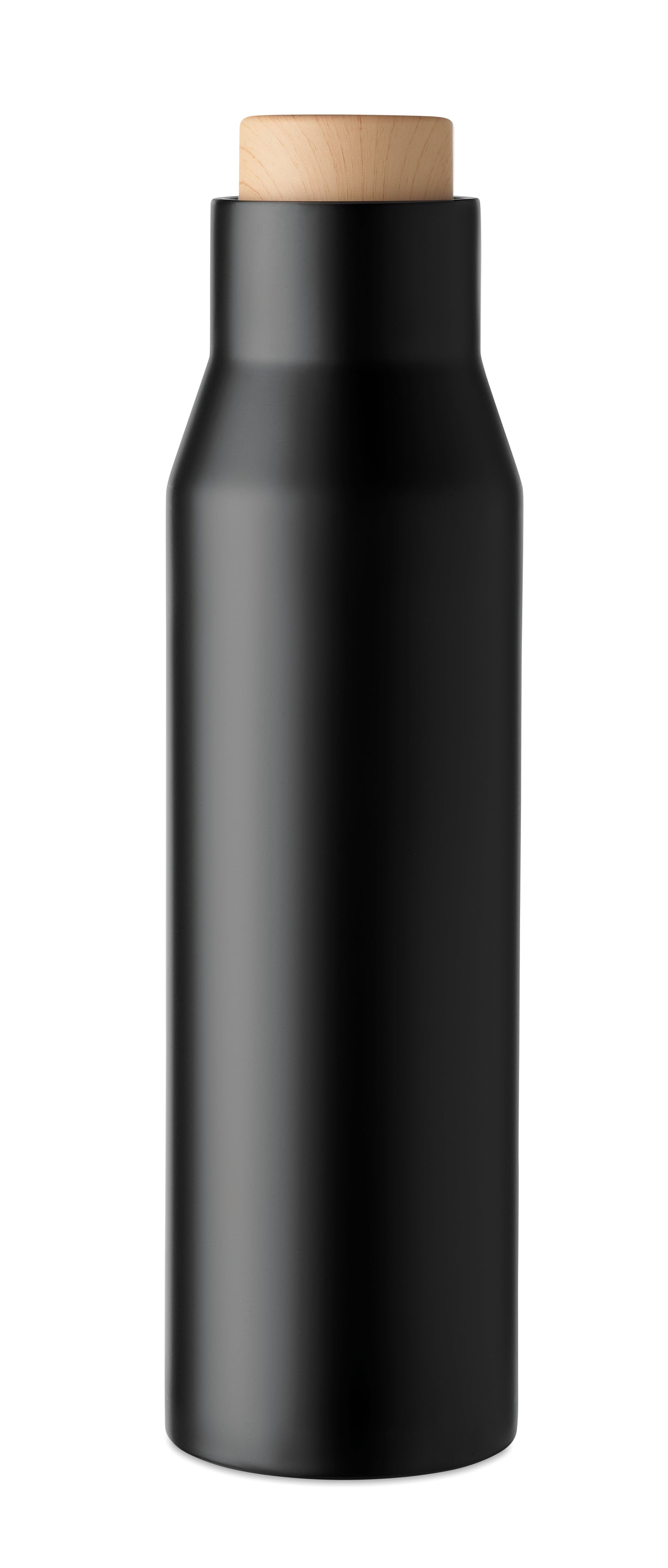 Doppelwandige Isolierflasche aus Edelstahl. Verschluss aus Bambus- Imitat. Füllmenge: 500 ml. Auslaufsicher.