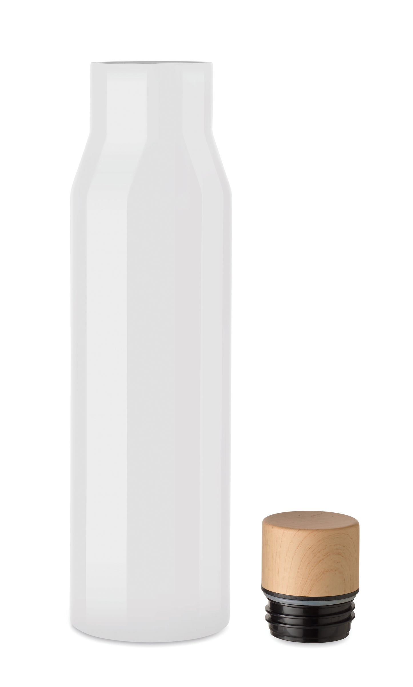 Doppelwandige Isolierflasche aus Edelstahl. Verschluss aus Bambus- Imitat. Füllmenge: 500 ml. Auslaufsicher.