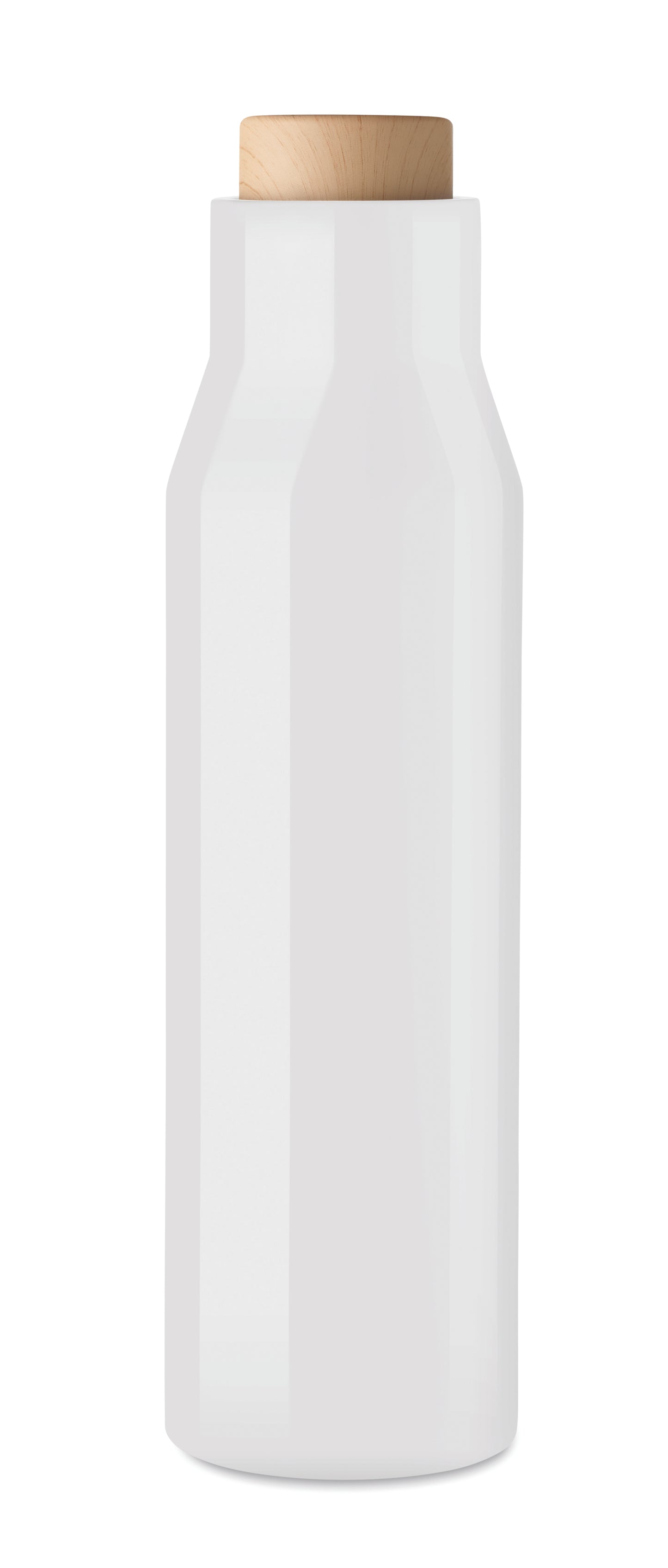 Doppelwandige Isolierflasche aus Edelstahl. Verschluss aus Bambus- Imitat. Füllmenge: 500 ml. Auslaufsicher.