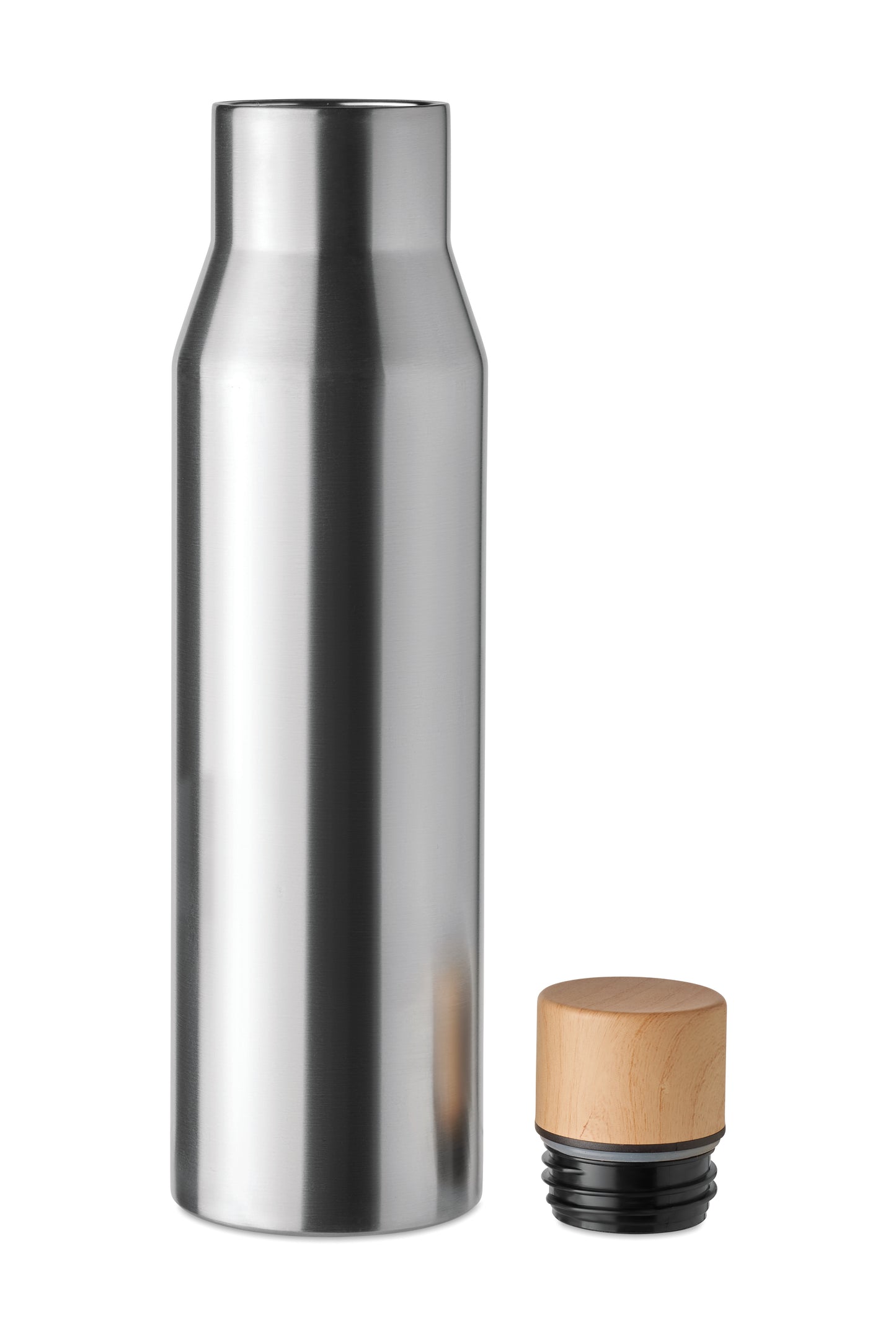 Doppelwandige Isolierflasche aus Edelstahl. Verschluss aus Bambus- Imitat. Füllmenge: 500 ml. Auslaufsicher.