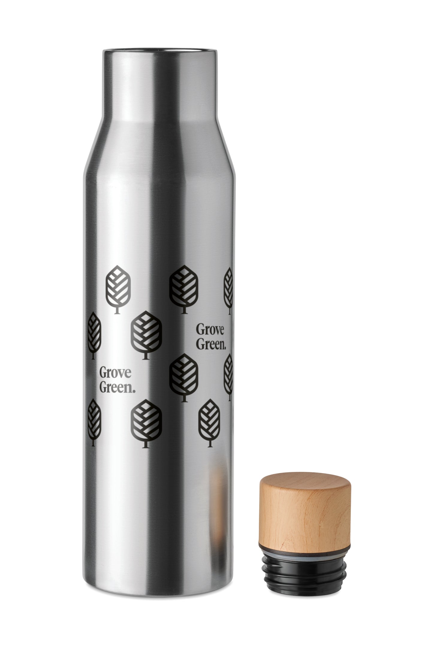Doppelwandige Isolierflasche aus Edelstahl. Verschluss aus Bambus- Imitat. Füllmenge: 500 ml. Auslaufsicher.
