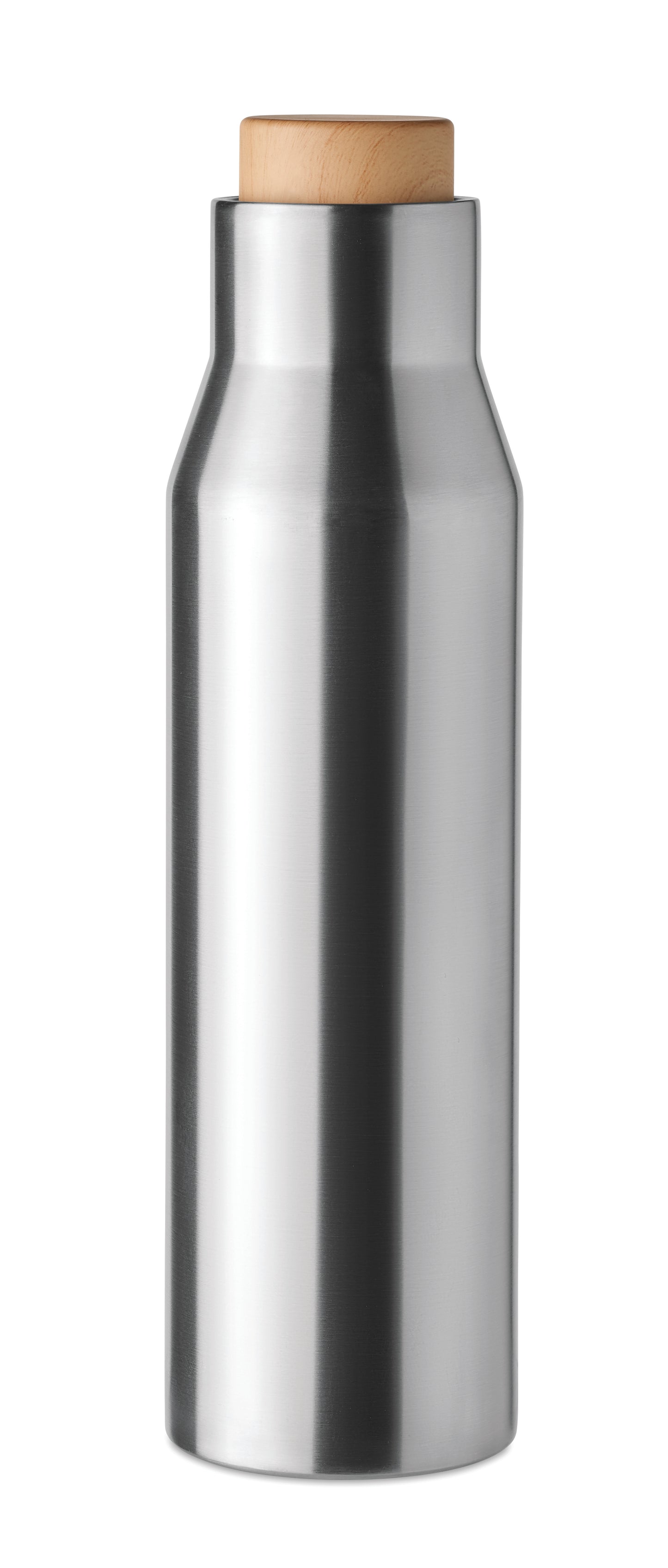 Doppelwandige Isolierflasche aus Edelstahl. Verschluss aus Bambus- Imitat. Füllmenge: 500 ml. Auslaufsicher.