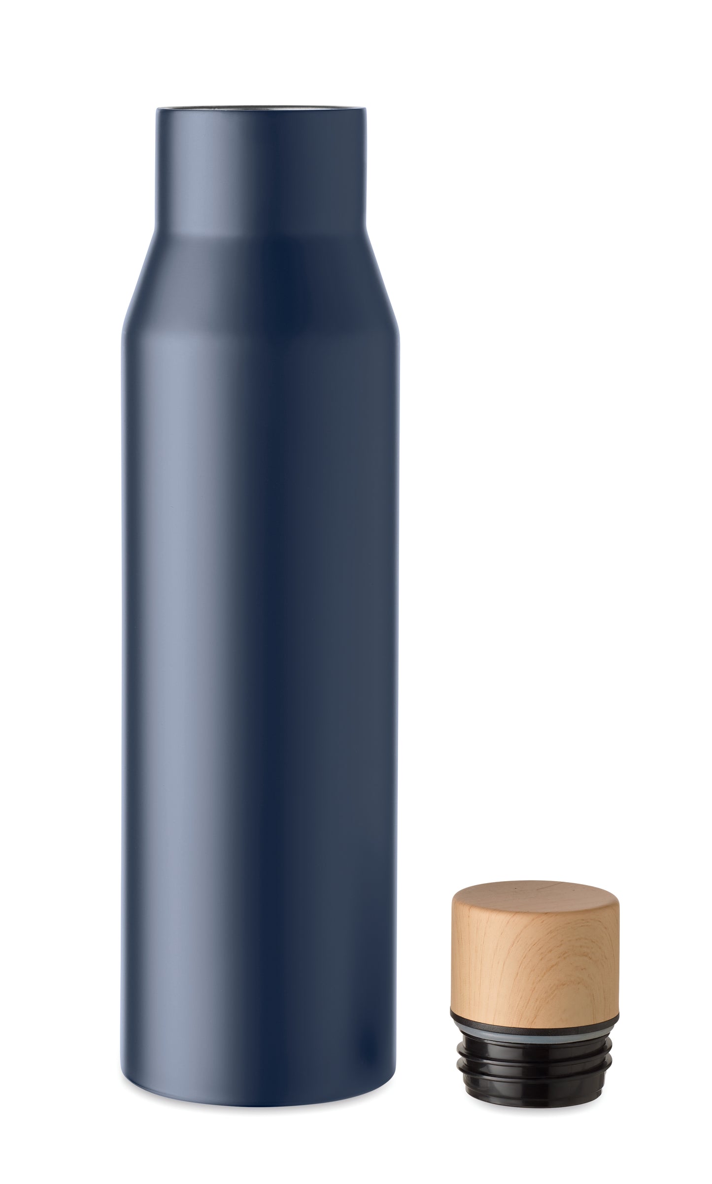 Doppelwandige Isolierflasche aus Edelstahl. Verschluss aus Bambus- Imitat. Füllmenge: 500 ml. Auslaufsicher.