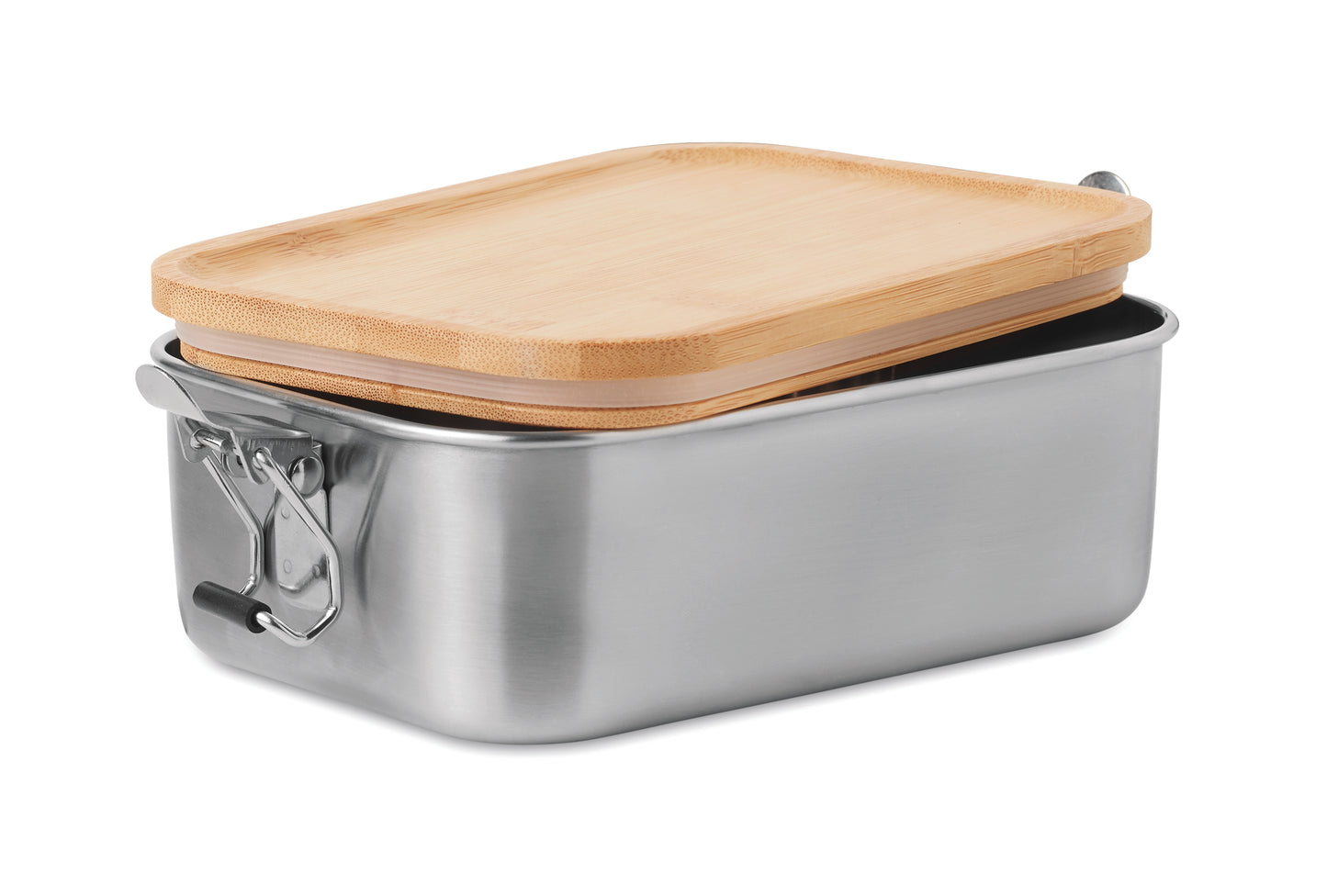 Lunchbox aus Edelstahl mit Deckel aus Bambus und Halteklammern. Füllmenge: 750 ml.