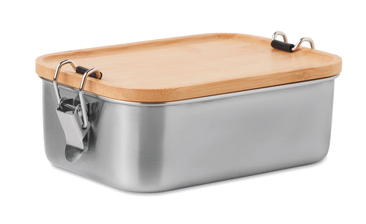 Lunchbox aus Edelstahl mit Deckel aus Bambus und Halteklammern. Füllmenge: 750 ml.