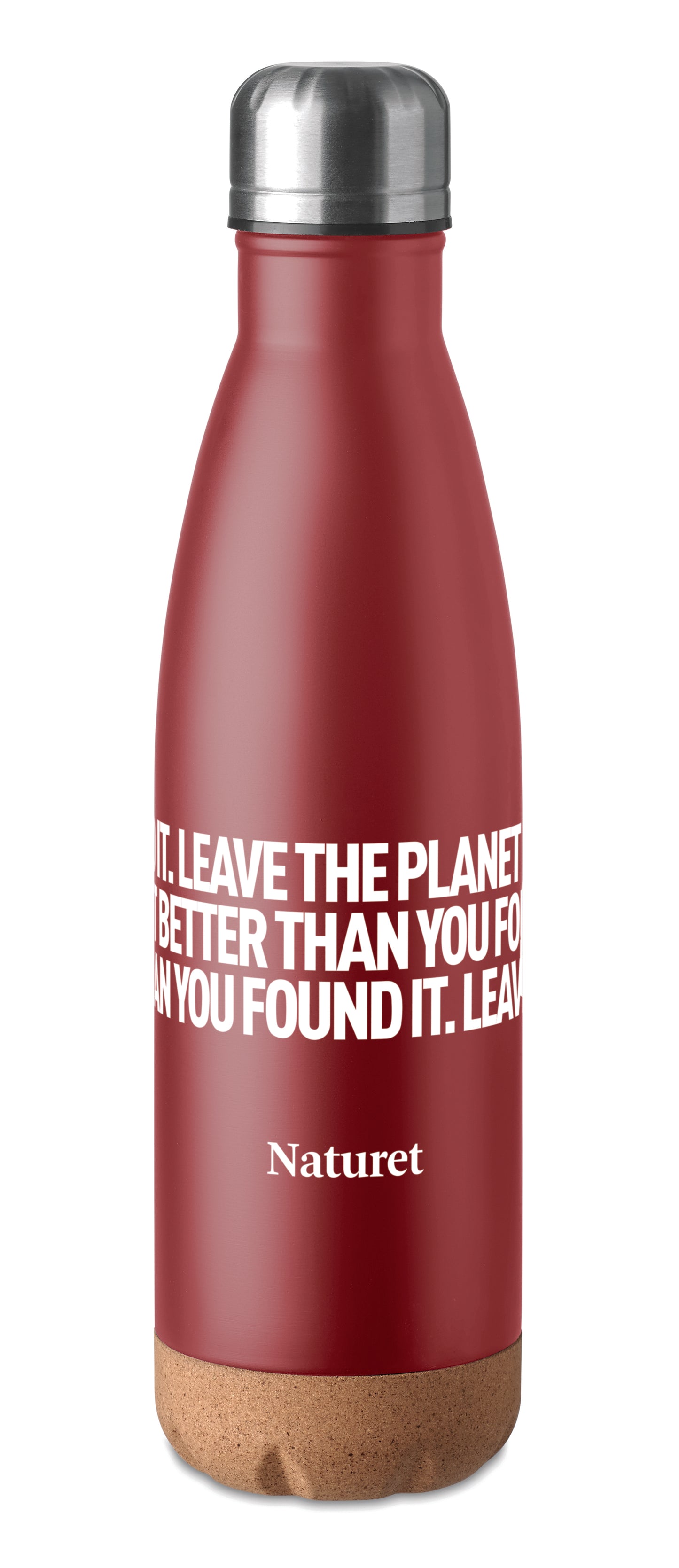 Doppelwandige Isolierflasche aus Edelstahl mit abgesetztem Boden aus Kork. Füllmenge: 500 ml.