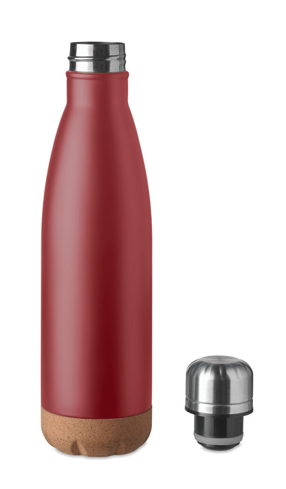 Doppelwandige Isolierflasche aus Edelstahl mit abgesetztem Boden aus Kork. Füllmenge: 500 ml.