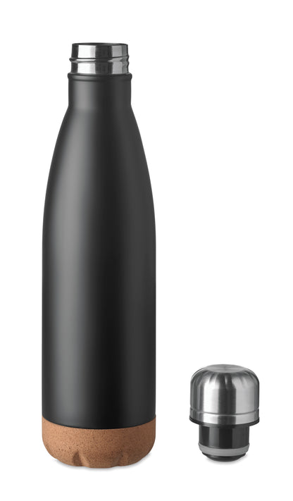 Doppelwandige Isolierflasche aus Edelstahl mit abgesetztem Boden aus Kork. Füllmenge: 500 ml.