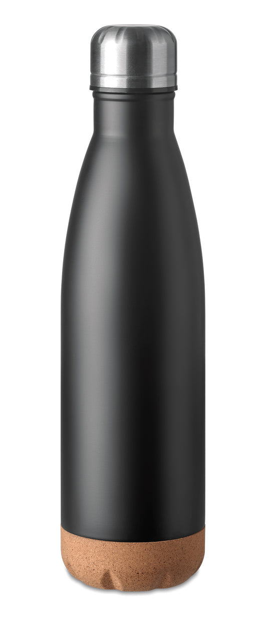 Doppelwandige Isolierflasche aus Edelstahl mit abgesetztem Boden aus Kork. Füllmenge: 500 ml.