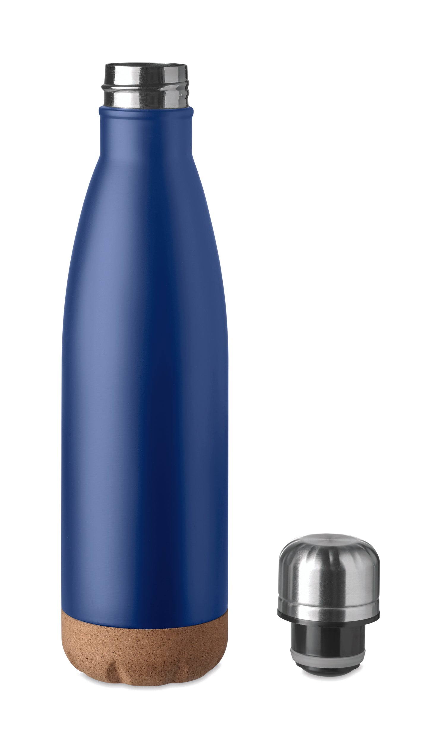 Doppelwandige Isolierflasche aus Edelstahl mit abgesetztem Boden aus Kork. Füllmenge: 500 ml.