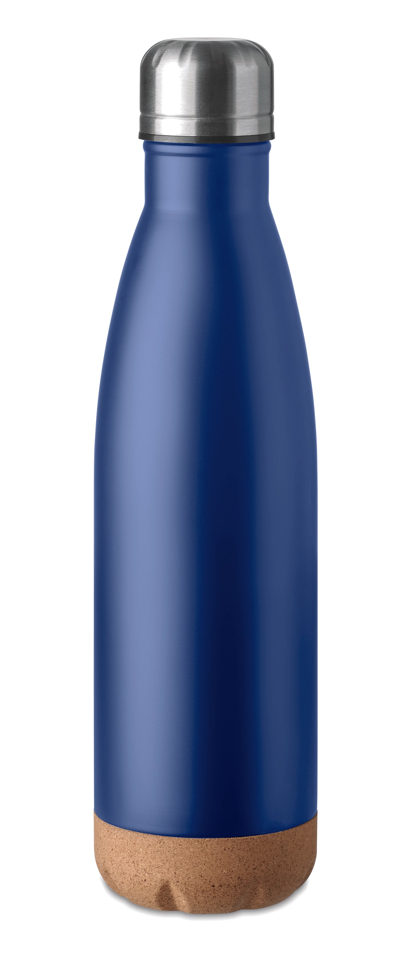 Doppelwandige Isolierflasche aus Edelstahl mit abgesetztem Boden aus Kork. Füllmenge: 500 ml.