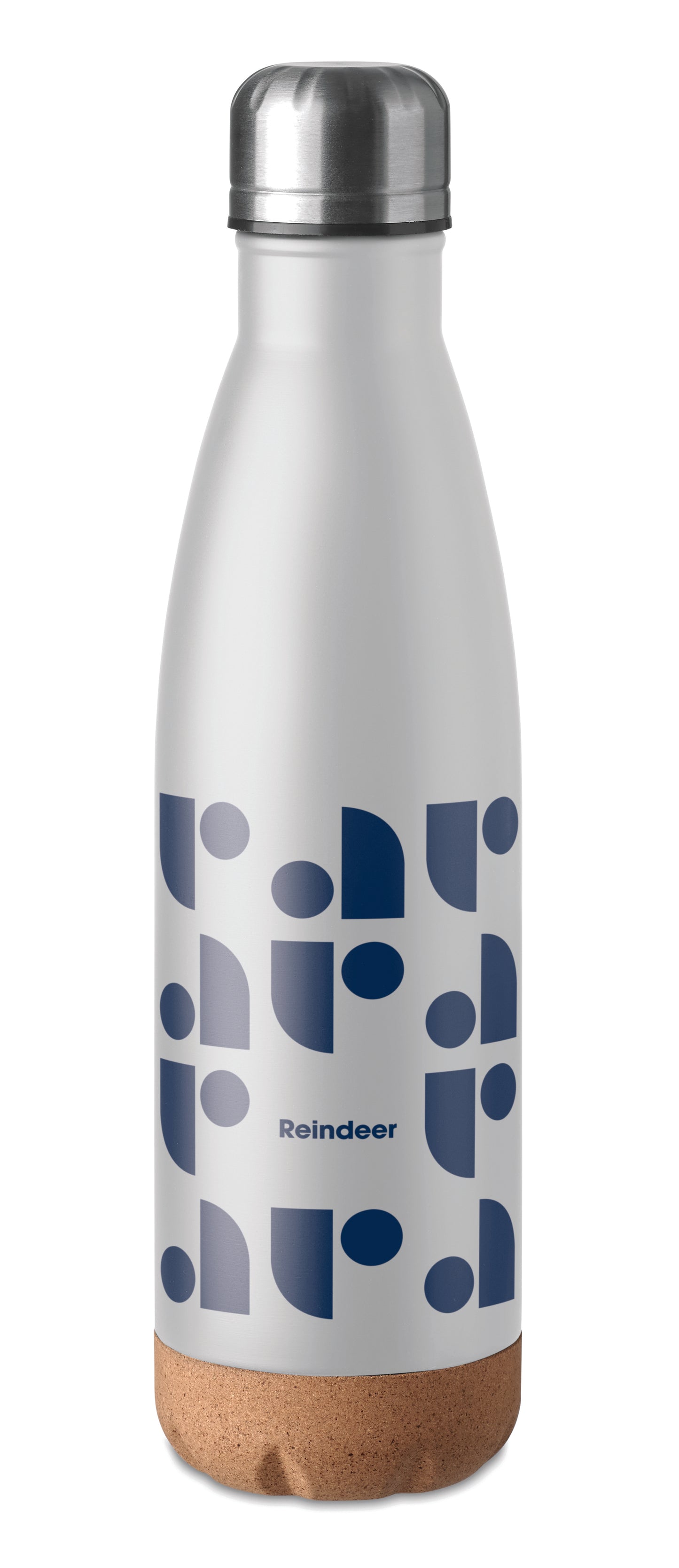 Doppelwandige Isolierflasche aus Edelstahl mit abgesetztem Boden aus Kork. Füllmenge: 500 ml.