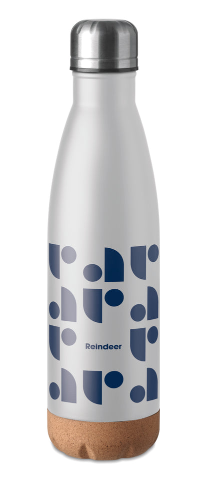 Doppelwandige Isolierflasche aus Edelstahl mit abgesetztem Boden aus Kork. Füllmenge: 500 ml.