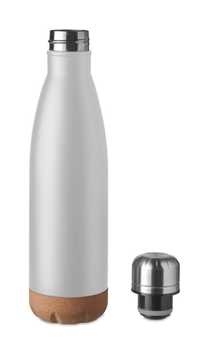 Doppelwandige Isolierflasche aus Edelstahl mit abgesetztem Boden aus Kork. Füllmenge: 500 ml.
