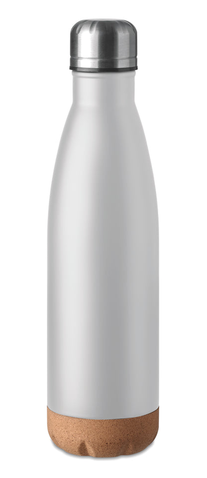 Doppelwandige Isolierflasche aus Edelstahl mit abgesetztem Boden aus Kork. Füllmenge: 500 ml.