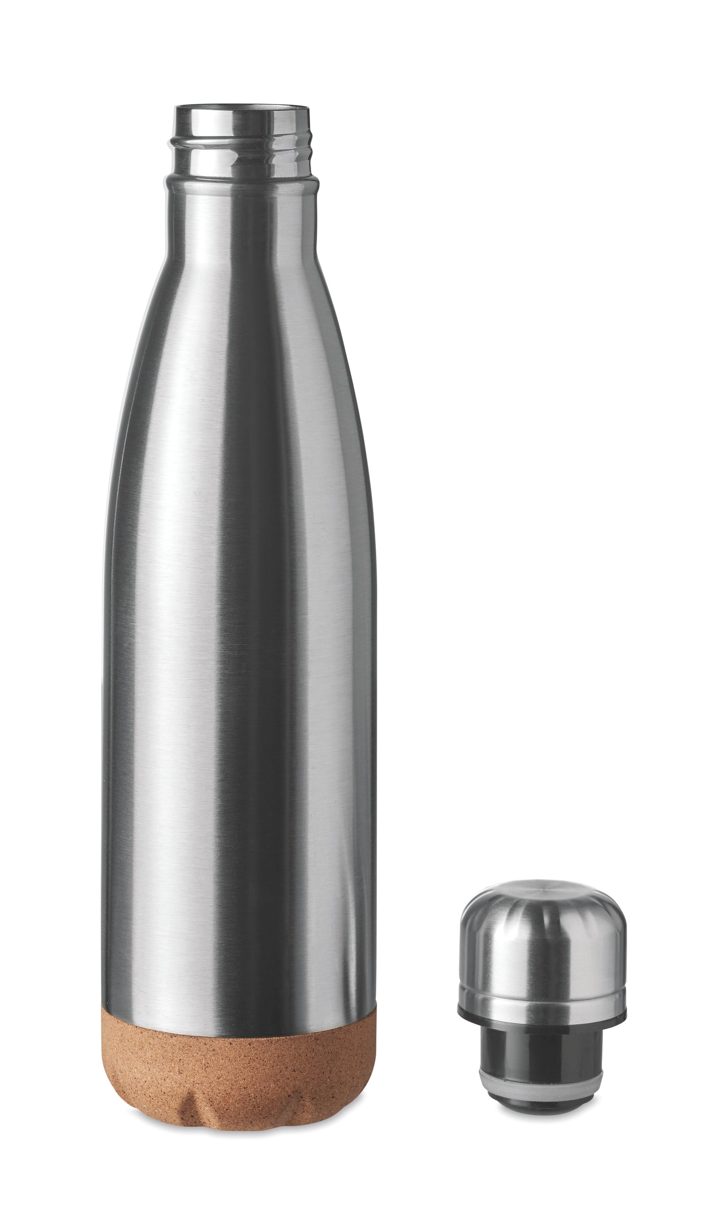 Doppelwandige Isolierflasche aus Edelstahl mit abgesetztem Boden aus Kork. Füllmenge: 500 ml.