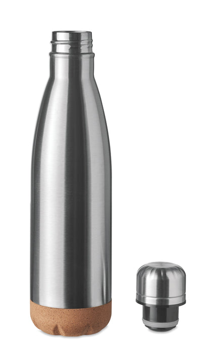 Doppelwandige Isolierflasche aus Edelstahl mit abgesetztem Boden aus Kork. Füllmenge: 500 ml.