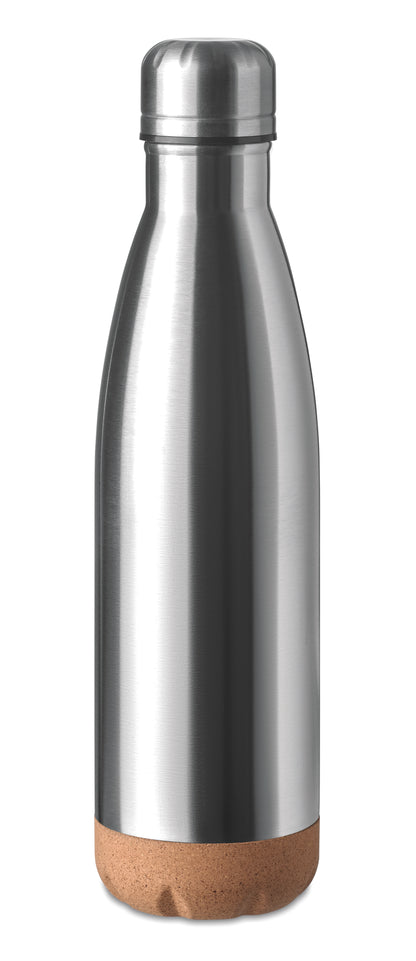 Doppelwandige Isolierflasche aus Edelstahl mit abgesetztem Boden aus Kork. Füllmenge: 500 ml.