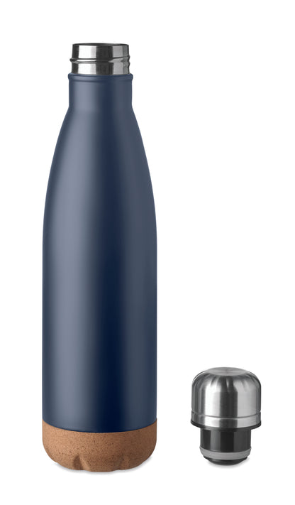 Doppelwandige Isolierflasche aus Edelstahl mit abgesetztem Boden aus Kork. Füllmenge: 500 ml.