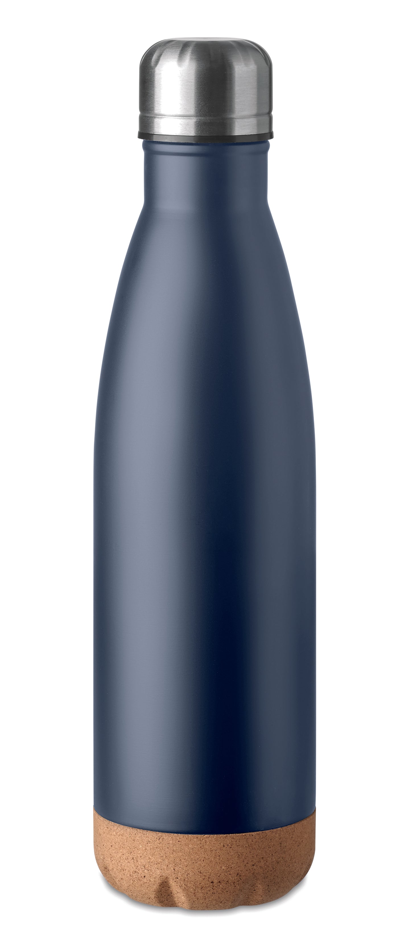 Doppelwandige Isolierflasche aus Edelstahl mit abgesetztem Boden aus Kork. Füllmenge: 500 ml.