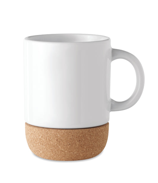 Becher aus Keramik. Spezielle Beschichtung für Sublimationsdruck. Der Boden ist mit Kork