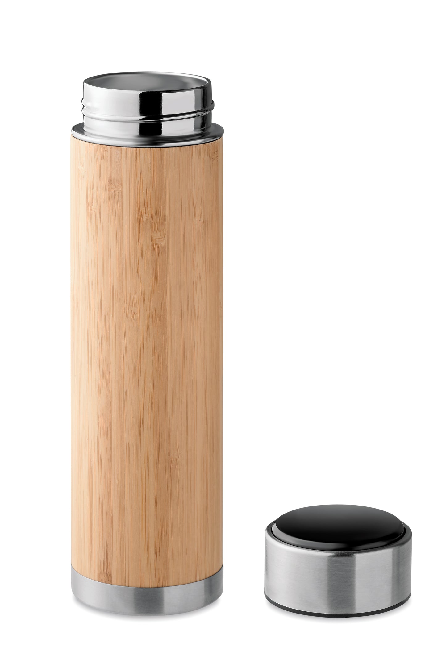 Doppelwandige Isolierflasche aus Edelstahl mit Bambus-Finish. Mit Tee- Sieb. Inklusive LED-Touch-Thermometer im