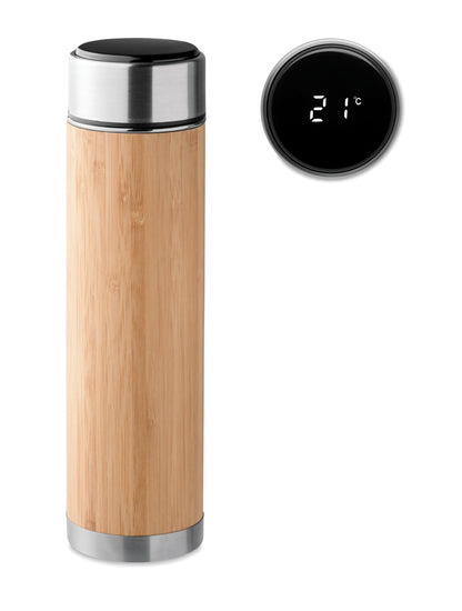 Doppelwandige Isolierflasche aus Edelstahl mit Bambus-Finish. Mit Tee- Sieb. Inklusive LED-Touch-Thermometer im