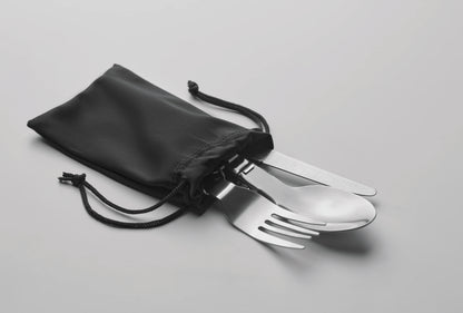 Klappbares 3teiliges Campingbesteck aus Edelstahl. Bestehend aus Messer Gabel und Löffel. Verpackt