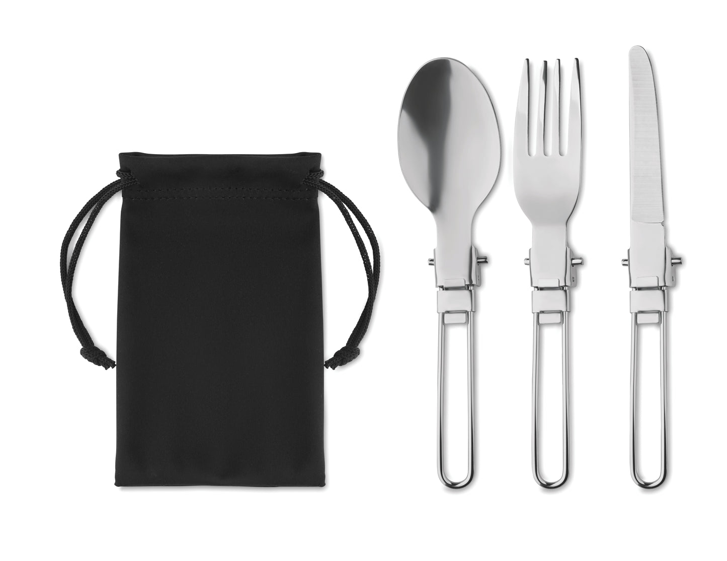 Klappbares 3teiliges Campingbesteck aus Edelstahl. Bestehend aus Messer Gabel und Löffel. Verpackt
