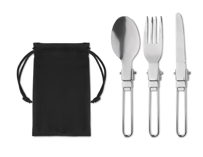 Klappbares 3teiliges Campingbesteck aus Edelstahl. Bestehend aus Messer Gabel und Löffel. Verpackt