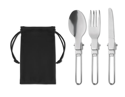 Klappbares 3teiliges Campingbesteck aus Edelstahl. Bestehend aus Messer Gabel und Löffel. Verpackt