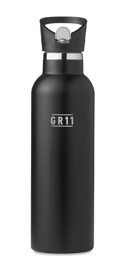 Doppelwandige Isolierflasche aus Edelstahl. Auslaufsicherer Schraubverschluss und separater auswechselbarer Deckel mit Mundstück.