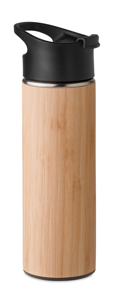 Doppelwandige Isolierflasche aus Edelstahl mit einer Abdeckung aus Bambus und einem griffigen