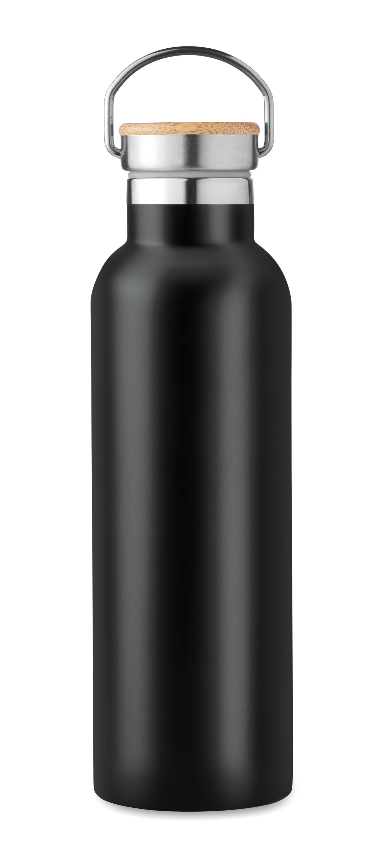 Doppelwandige Isolierflasche aus Edelstahl mit Bambusdeckel und Henkel. Füllmenge: 750 ml. Auslaufsicher.