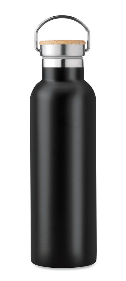 Doppelwandige Isolierflasche aus Edelstahl mit Bambusdeckel und Henkel. Füllmenge: 750 ml. Auslaufsicher.