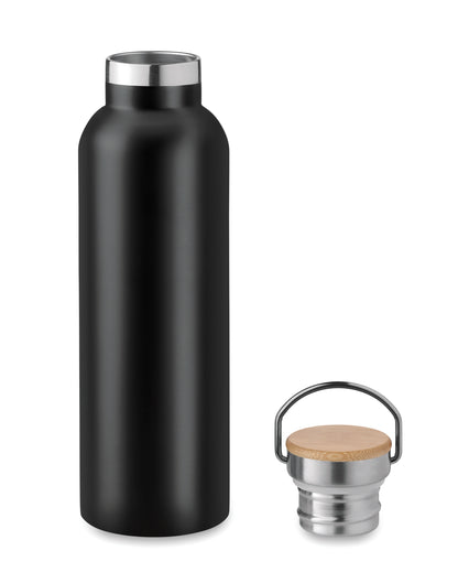 Doppelwandige Isolierflasche aus Edelstahl mit Bambusdeckel und Henkel. Füllmenge: 750 ml. Auslaufsicher.