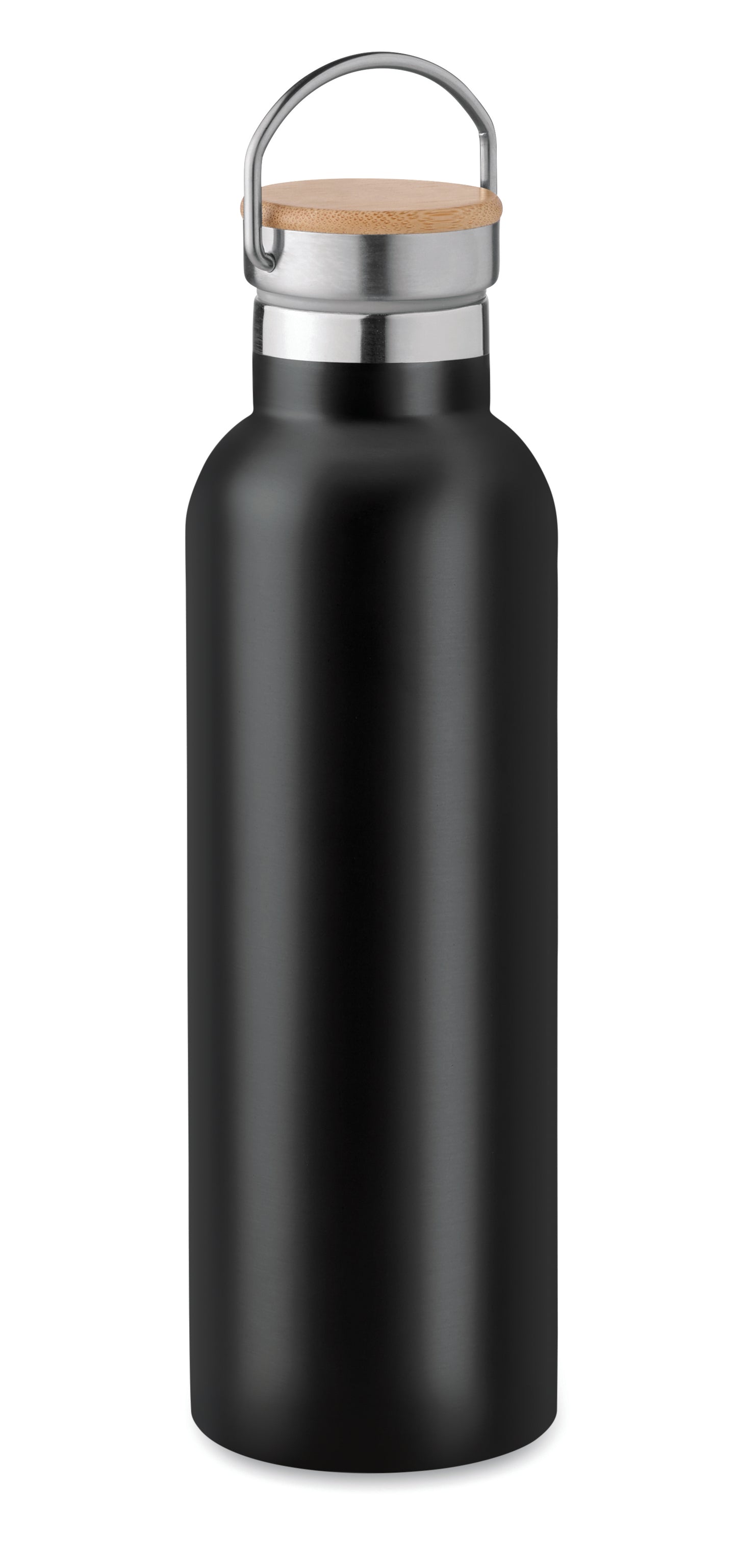 Doppelwandige Isolierflasche aus Edelstahl mit Bambusdeckel und Henkel. Füllmenge: 750 ml. Auslaufsicher.