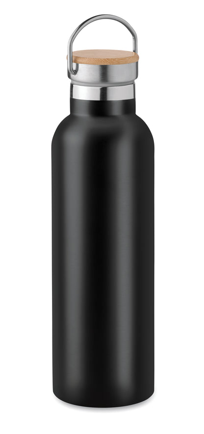 Doppelwandige Isolierflasche aus Edelstahl mit Bambusdeckel und Henkel. Füllmenge: 750 ml. Auslaufsicher.