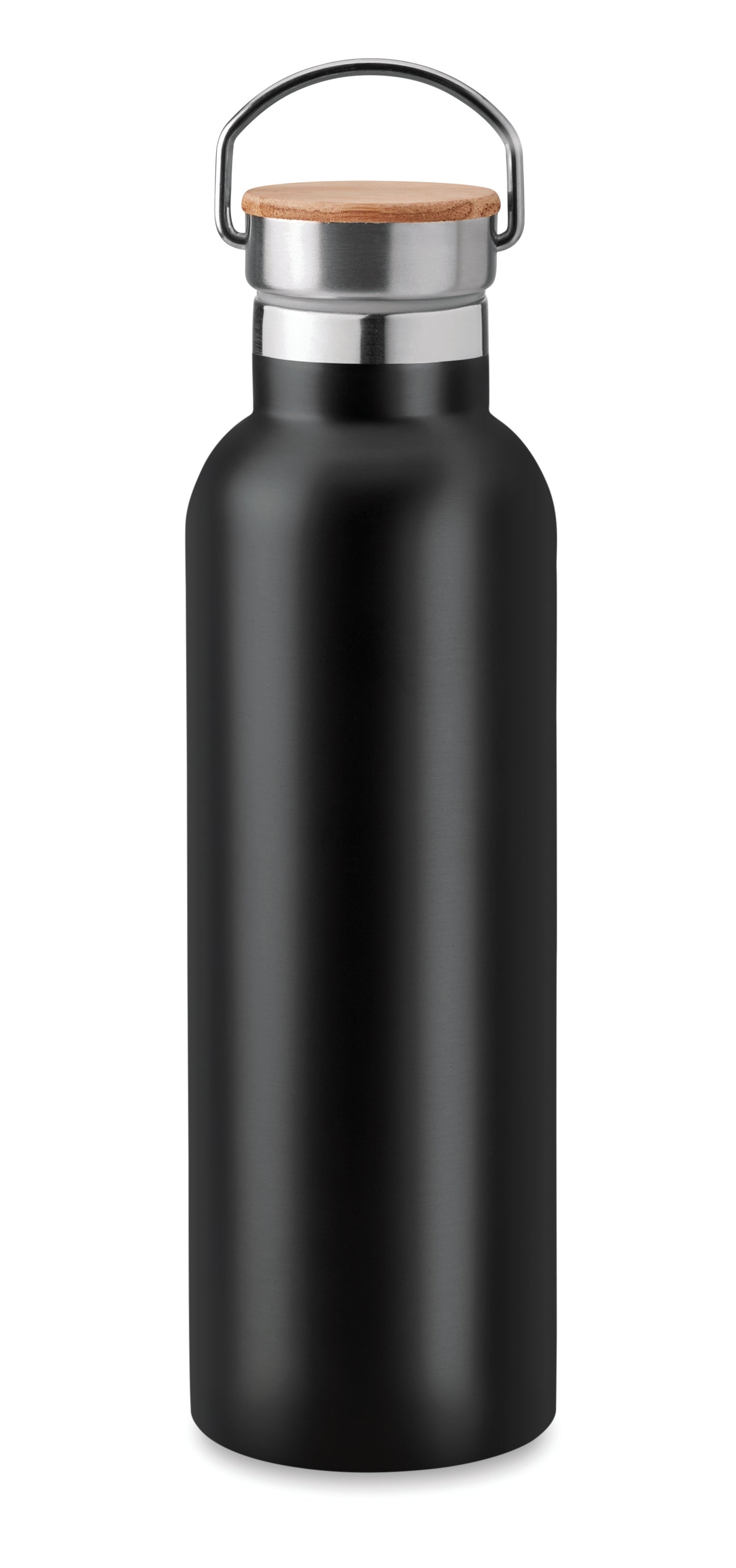 Doppelwandige Isolierflasche aus Edelstahl mit Bambusdeckel und Henkel. Füllmenge: 750 ml. Auslaufsicher.