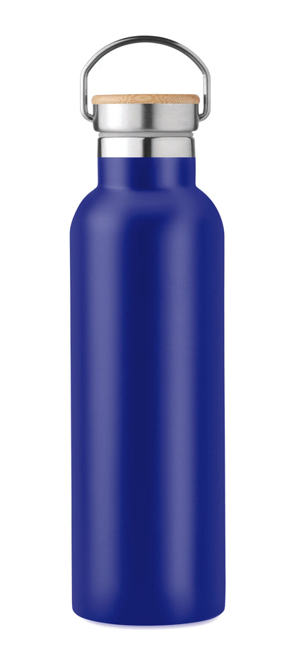 Doppelwandige Isolierflasche aus Edelstahl mit Bambusdeckel und Henkel. Füllmenge: 750 ml. Auslaufsicher.