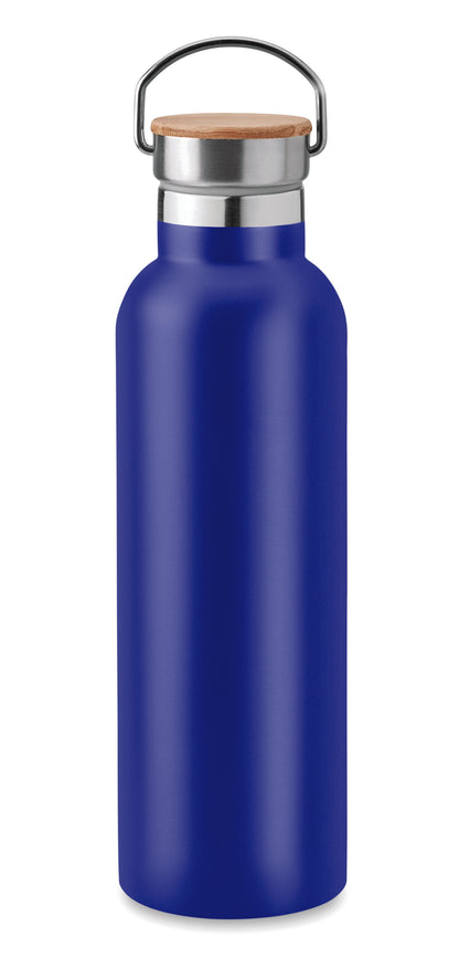 Doppelwandige Isolierflasche aus Edelstahl mit Bambusdeckel und Henkel. Füllmenge: 750 ml. Auslaufsicher.